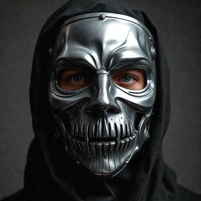 The primary subject of the image is a man wearing a silver mask. The mask is designed to look like a skull, and it is likely made of metal. The man is wearing a black hooded robe, which complements the mask's appearance. The setting appears to be a dark room, with the man standing in the center of the frame. The visual style of the image is a close-up, focusing on the man and his mask. The overall atmosphere of the image is mysterious and intriguing